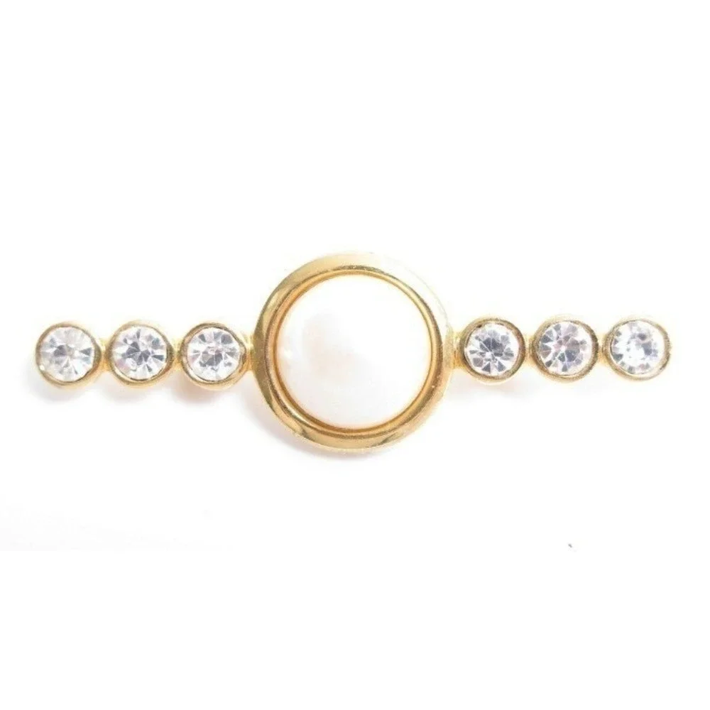 Vintage‎ Round Pearl & Clear Rhinestone gold plated bar brooch / pin